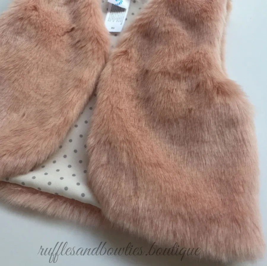 $12.50 - 3-6M X 3 - Baby Girl Boho Dusty Rose Pink Faux Fur Vests