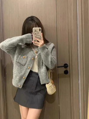 2023 new style gray knitted sweater jacket women's  cardigan top      S3389