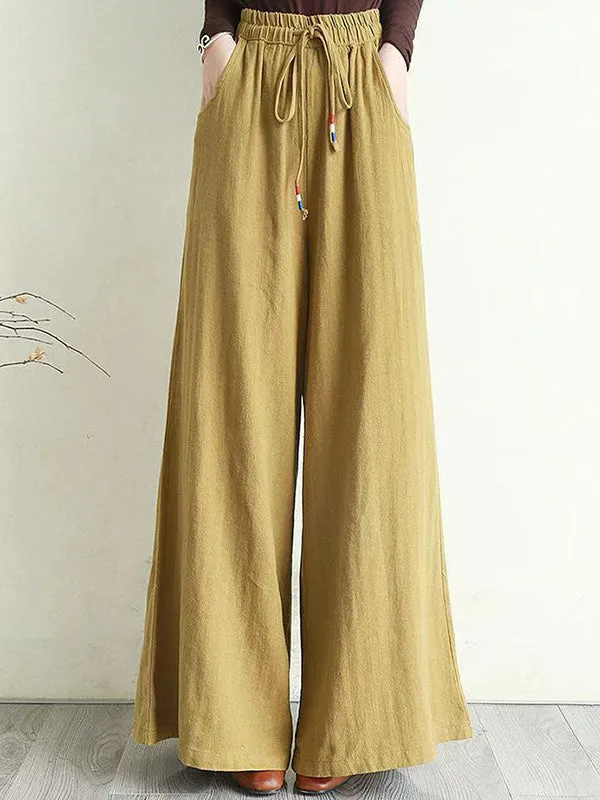 Artistic Ramie Cotton Drawstring Elasticity Loose Wide-Leg Pants