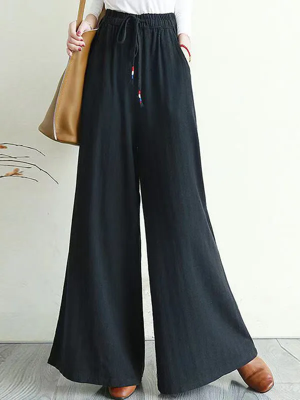 Artistic Ramie Cotton Drawstring Elasticity Loose Wide-Leg Pants