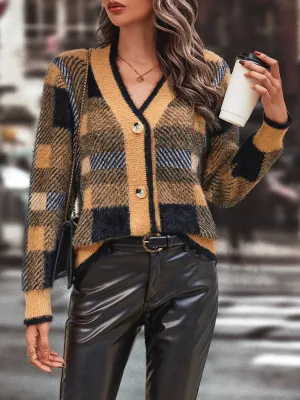 Autumn and winter new women's plaid button cardigan sweater