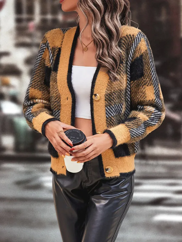 Autumn and winter new women's plaid button cardigan sweater