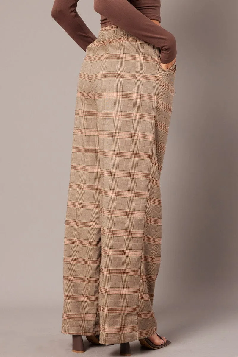 Beige Check Wide Leg Pants Elastic Waist