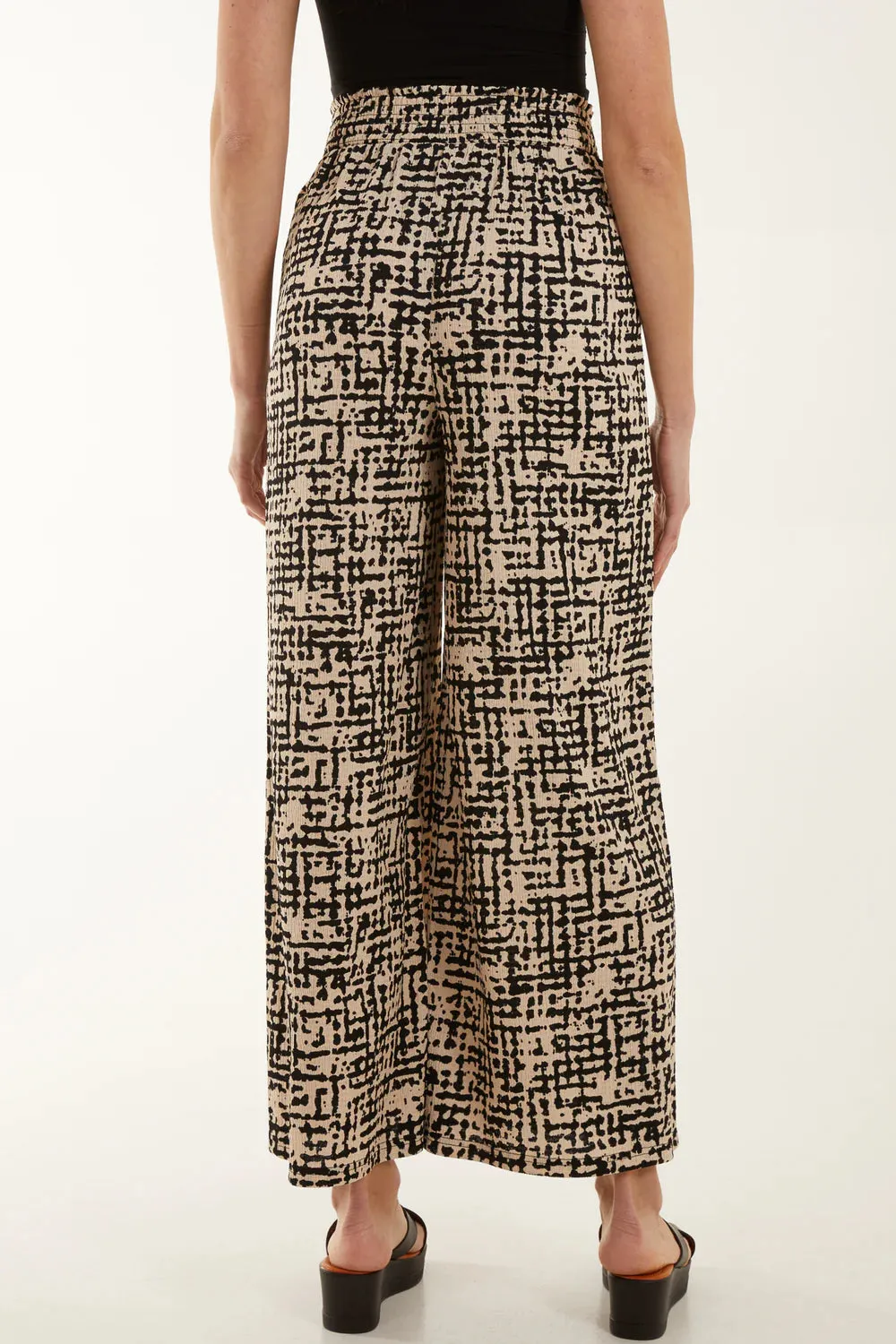 Black And Beige Printed Stretchy Shirred Waist Wide Leg Trousers