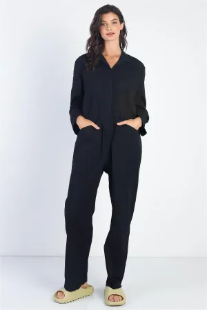 Black Collared Button-Up Long Sleeve Jumpsuit /1-2-2