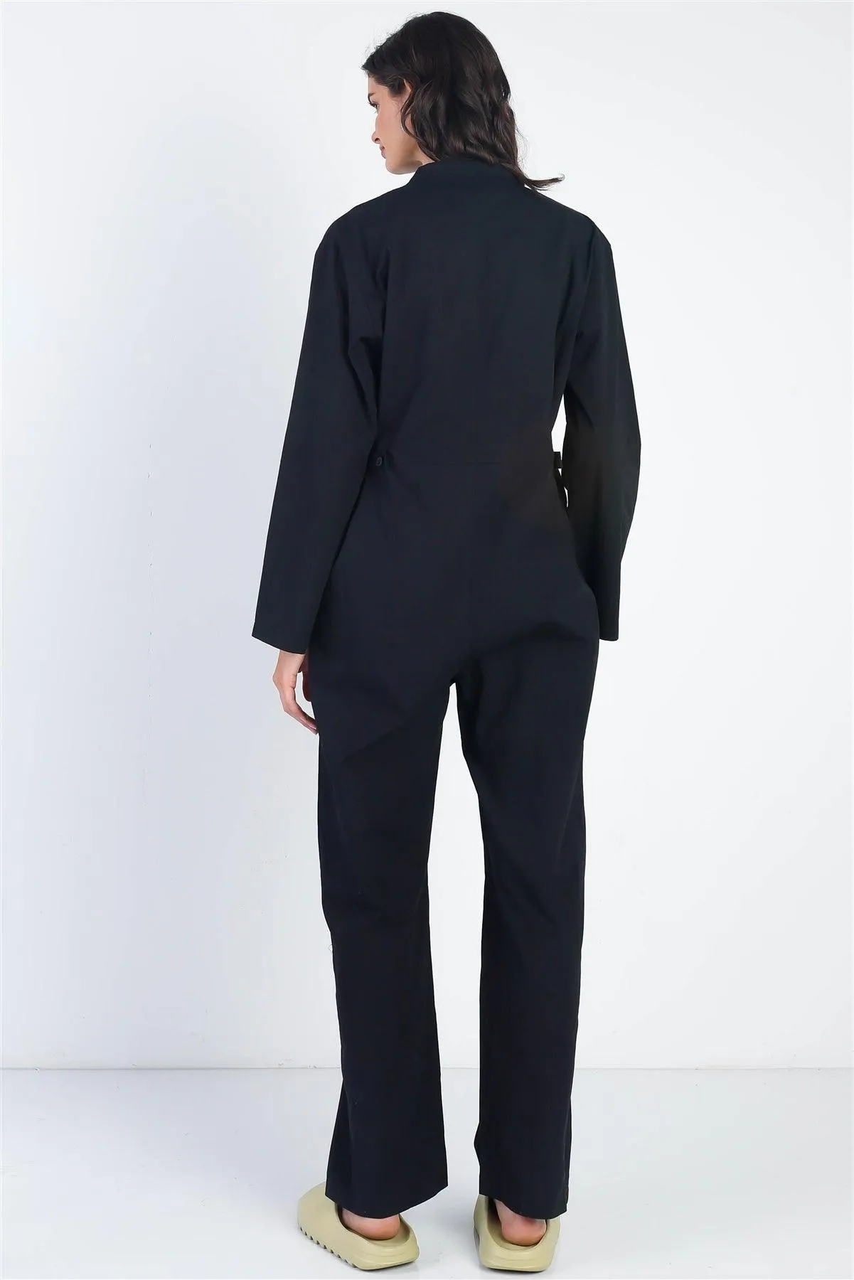 Black Collared Button-Up Long Sleeve Jumpsuit /1-2-2