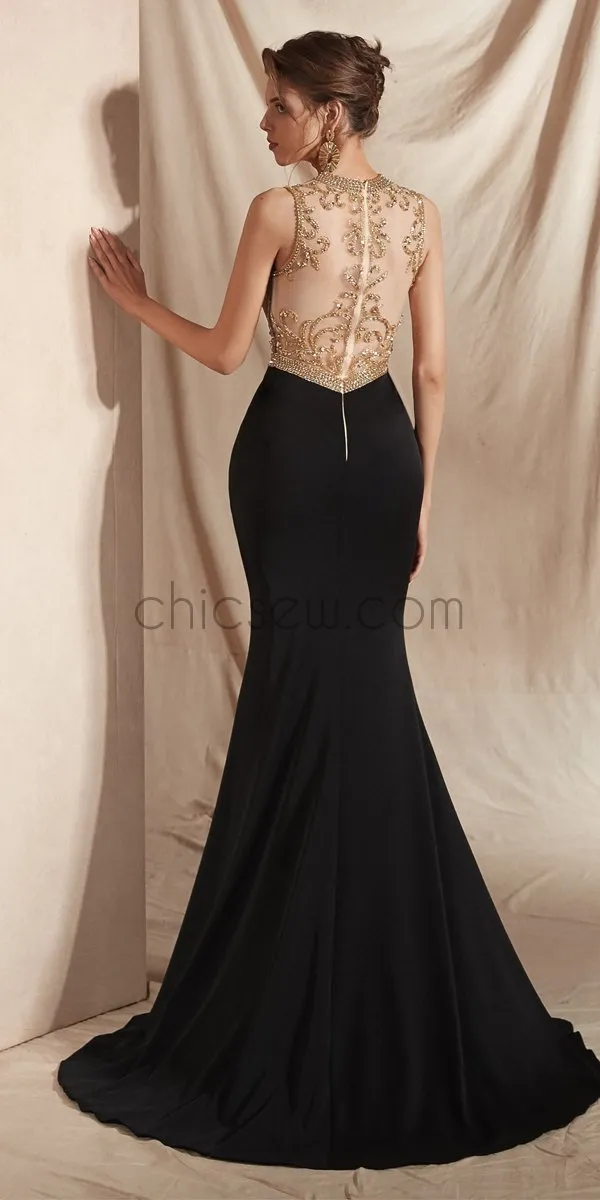 Black Mermaid Round Neck Side Slit Modest Unique Long Prom Dresses With beads, Evening Dresses LMX1134