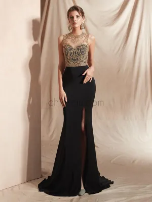 Black Mermaid Round Neck Side Slit Modest Unique Long Prom Dresses With beads, Evening Dresses LMX1134