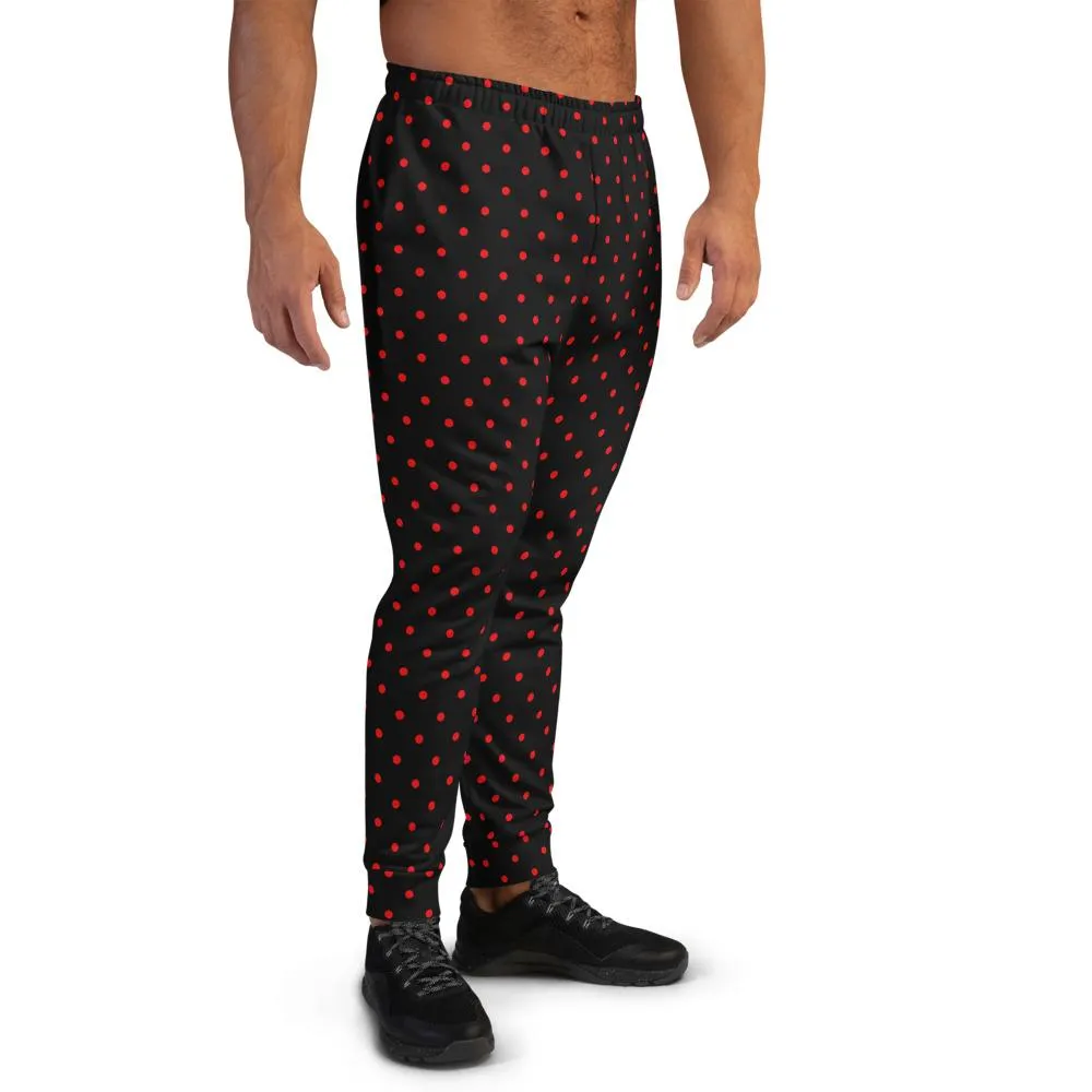 Black Red Dots Men's Joggers, Polka Dots Designer Rave Fashion Sweatpants- Made in EU