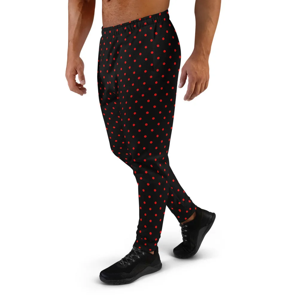 Black Red Dots Men's Joggers, Polka Dots Designer Rave Fashion Sweatpants- Made in EU