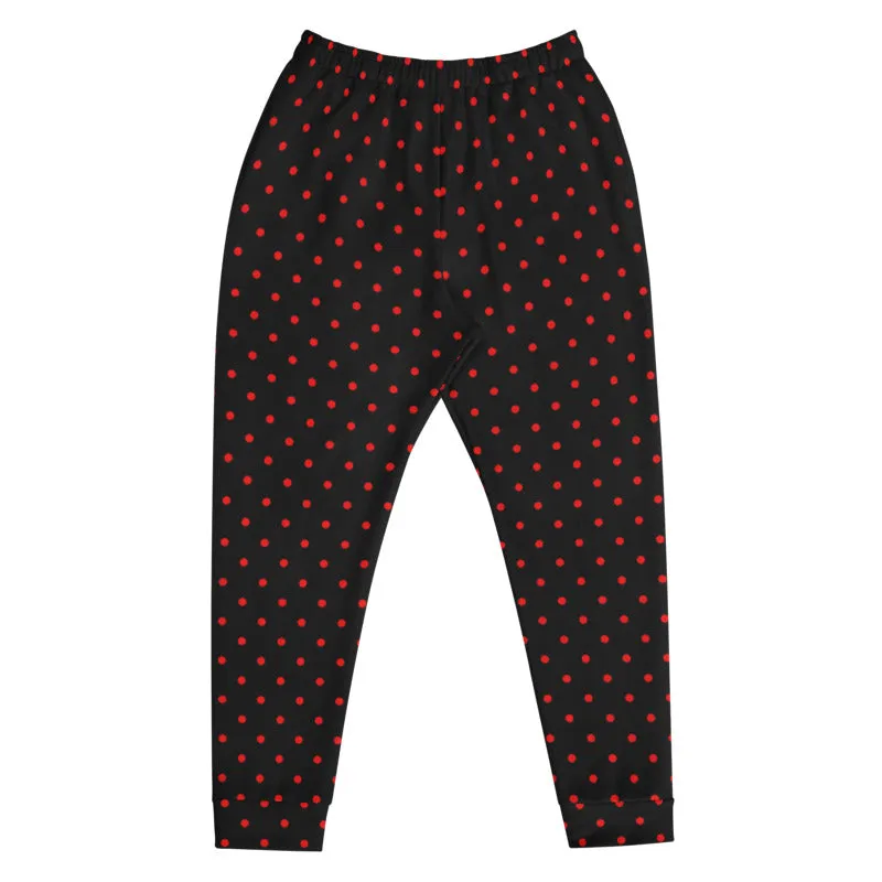 Black Red Dots Men's Joggers, Polka Dots Designer Rave Fashion Sweatpants- Made in EU