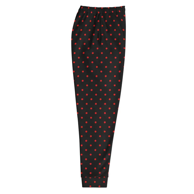 Black Red Dots Men's Joggers, Polka Dots Designer Rave Fashion Sweatpants- Made in EU