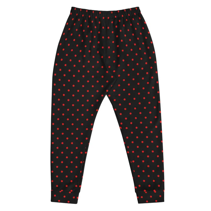 Black Red Dots Men's Joggers, Polka Dots Designer Rave Fashion Sweatpants- Made in EU