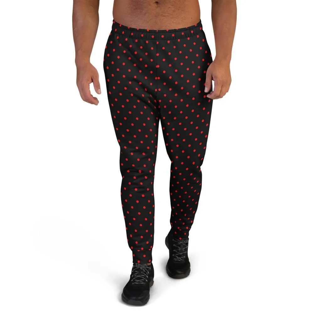 Black Red Dots Men's Joggers, Polka Dots Designer Rave Fashion Sweatpants- Made in EU