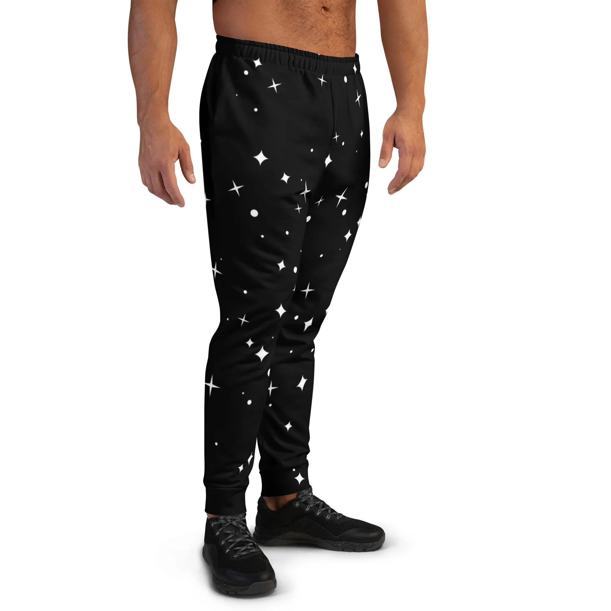 Black White Sparkles Men's Joggers, Sparkling Stars Print Abstract Casual Designer Men's Jogging Pants - Made in USA/EU/MX