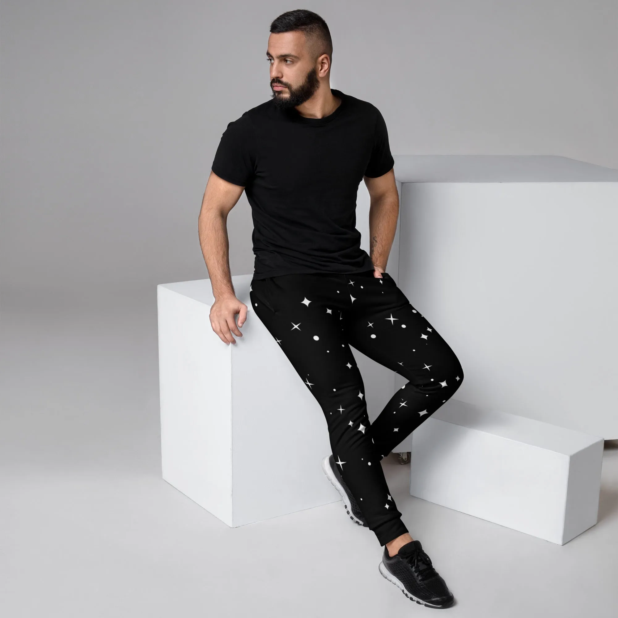 Black White Sparkles Men's Joggers, Sparkling Stars Print Abstract Casual Designer Men's Jogging Pants - Made in USA/EU/MX