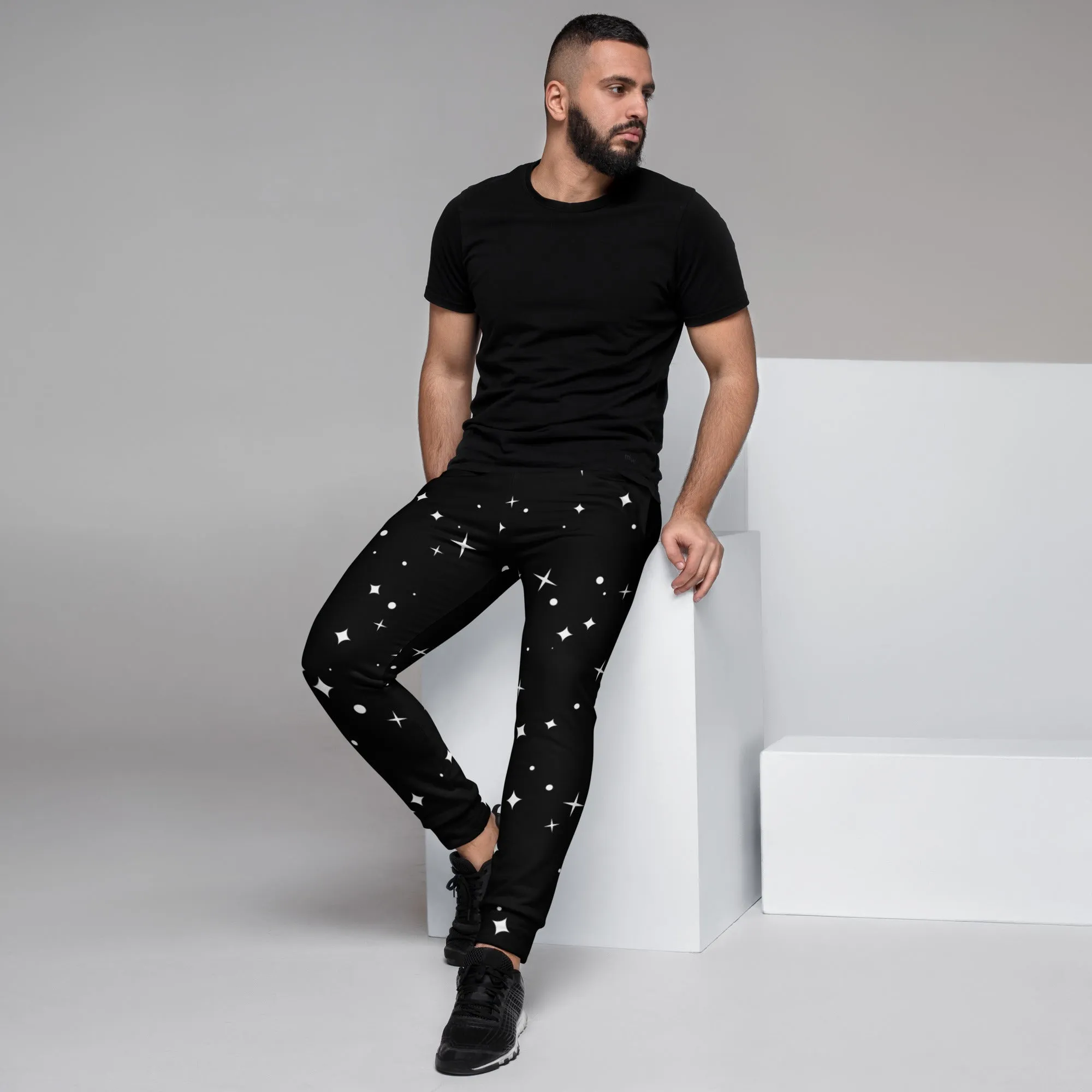 Black White Sparkles Men's Joggers, Sparkling Stars Print Abstract Casual Designer Men's Jogging Pants - Made in USA/EU/MX