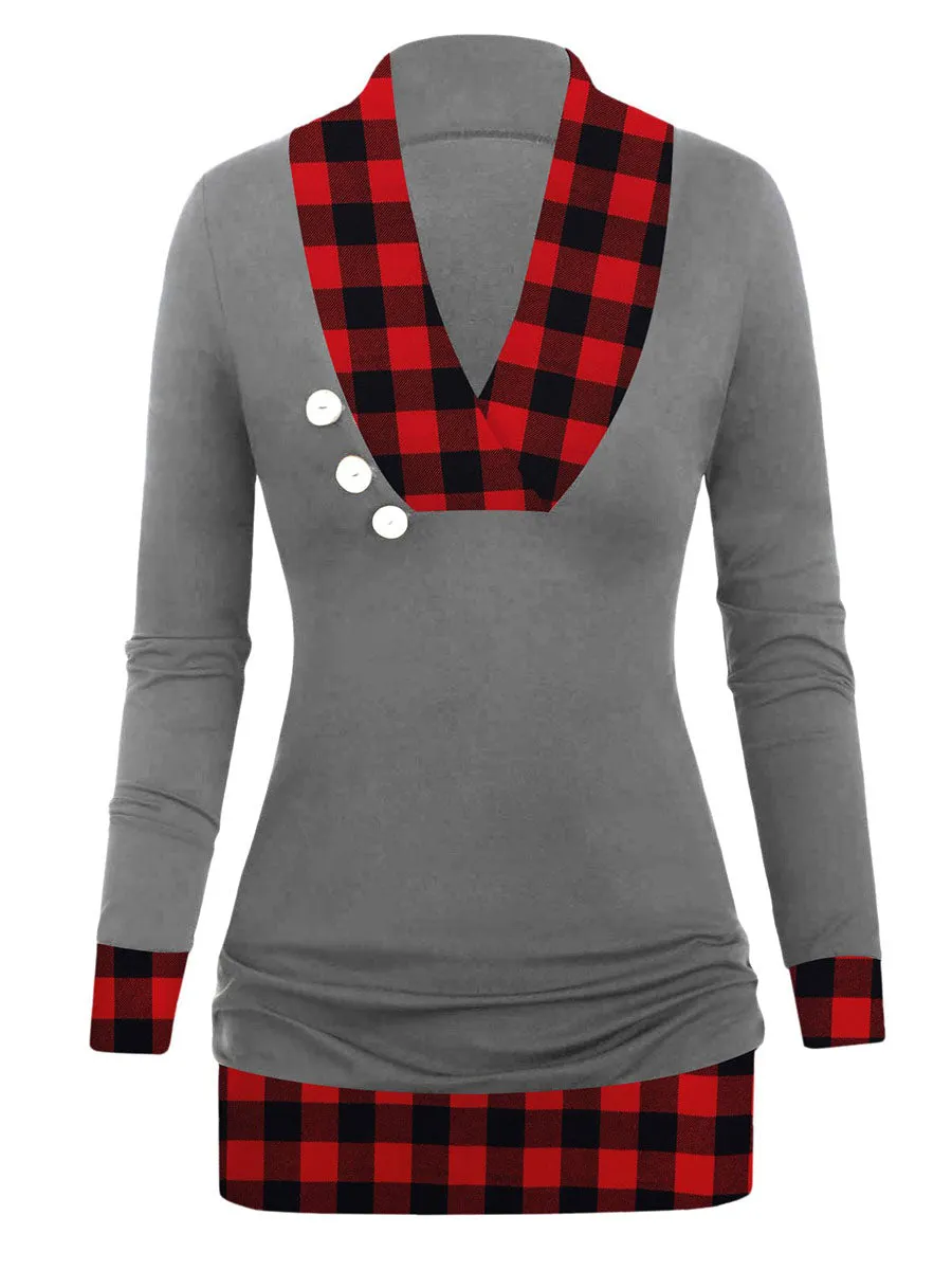 Button Stitching V-neck Fashion Casual Plaid Top