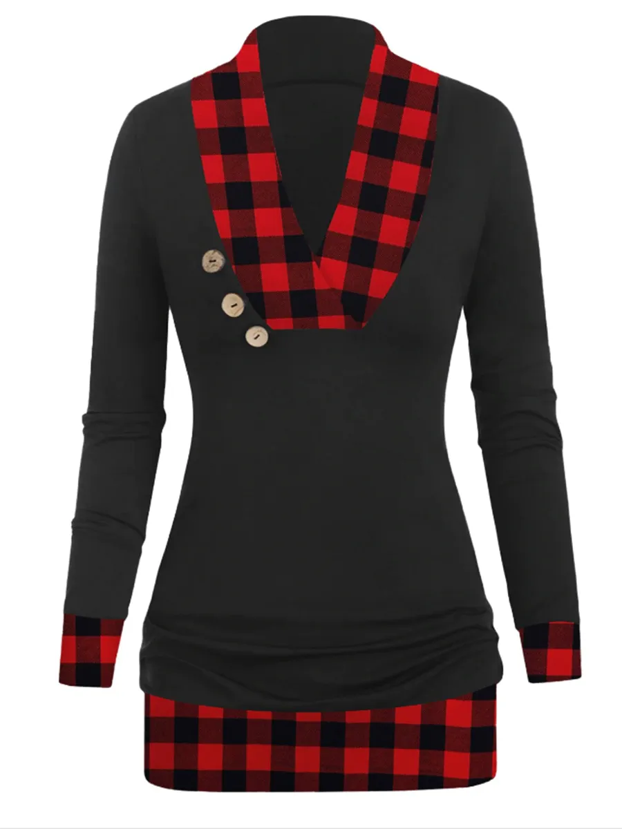 Button Stitching V-neck Fashion Casual Plaid Top