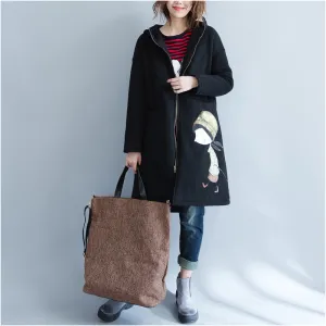 Casual black Parkas for women casual hooded Jackets & Coats Warm prints overcoat