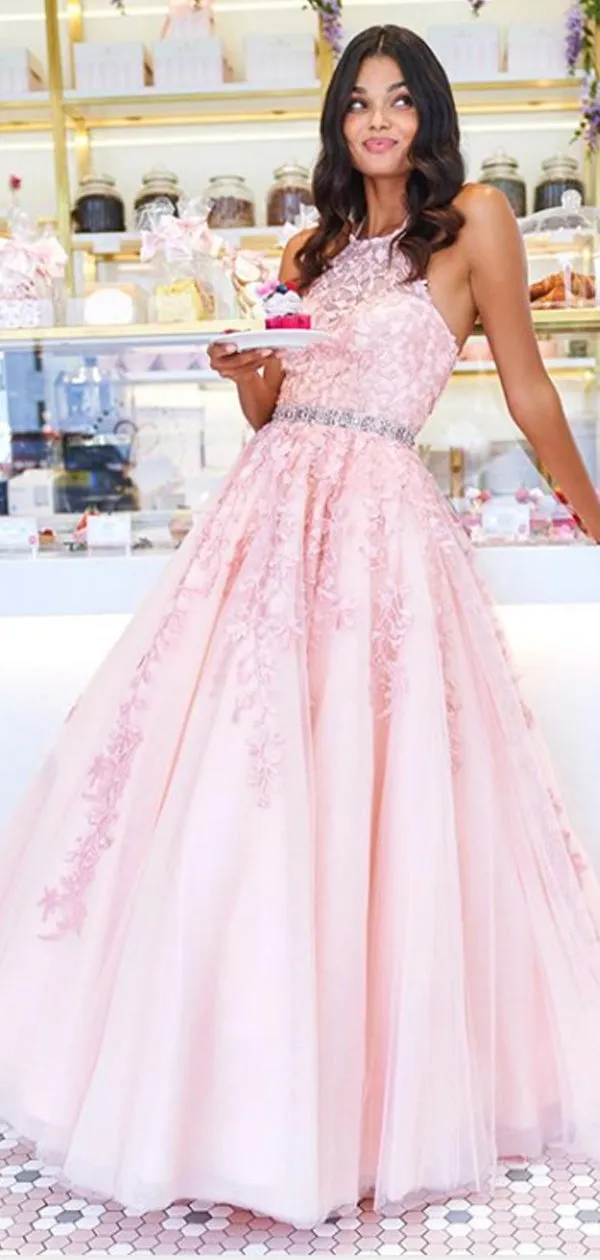 Charming A-line Tulle With Appliques Sleeveless Long Prom Dresses Evening Dresses.DB10438