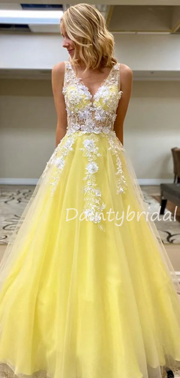 Charming V-neck A-line Tulle Lace Long Prom Dresses Evening Dresses.DB10610