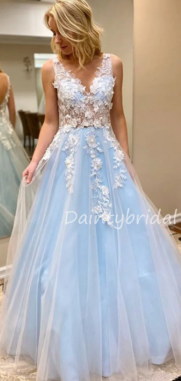 Charming V-neck A-line Tulle Lace Long Prom Dresses Evening Dresses.DB10610