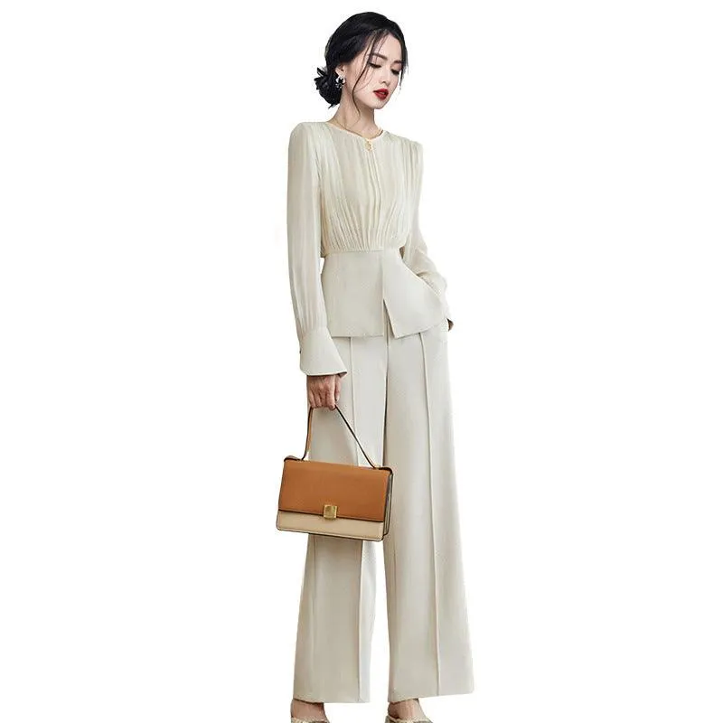 Chic Beige Apricot Long Sleeve Two-Piece Set with Wide-Leg Pants