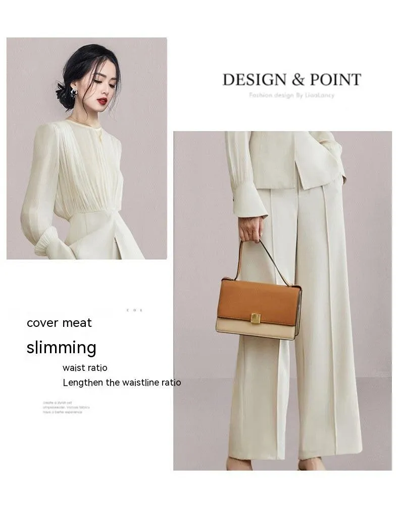 Chic Beige Apricot Long Sleeve Two-Piece Set with Wide-Leg Pants