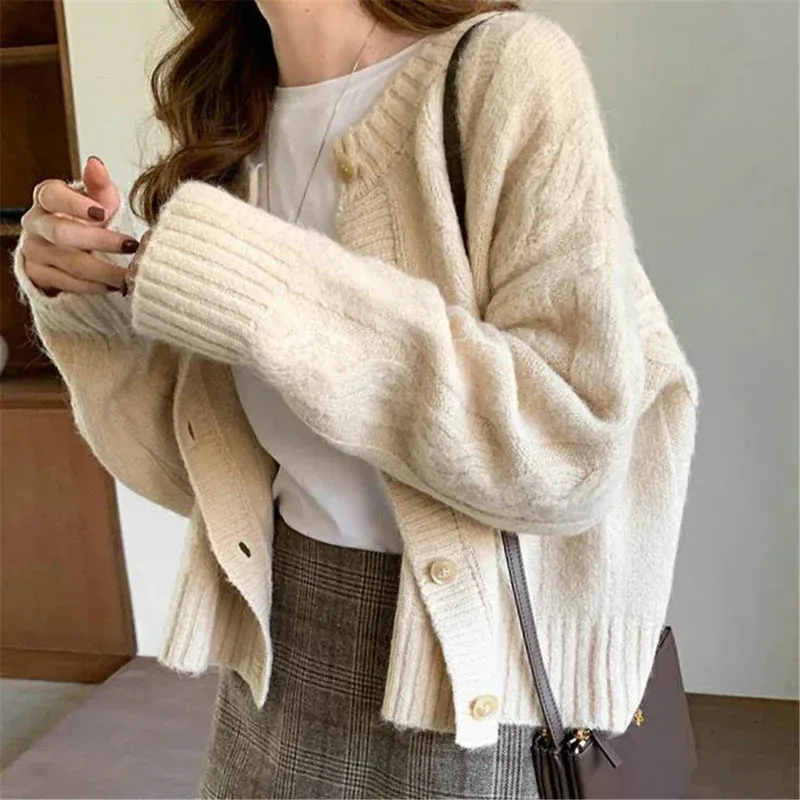 Coarse Needle Twisted Single-breasted Knitted Retro Cardigan Sweater    S2789