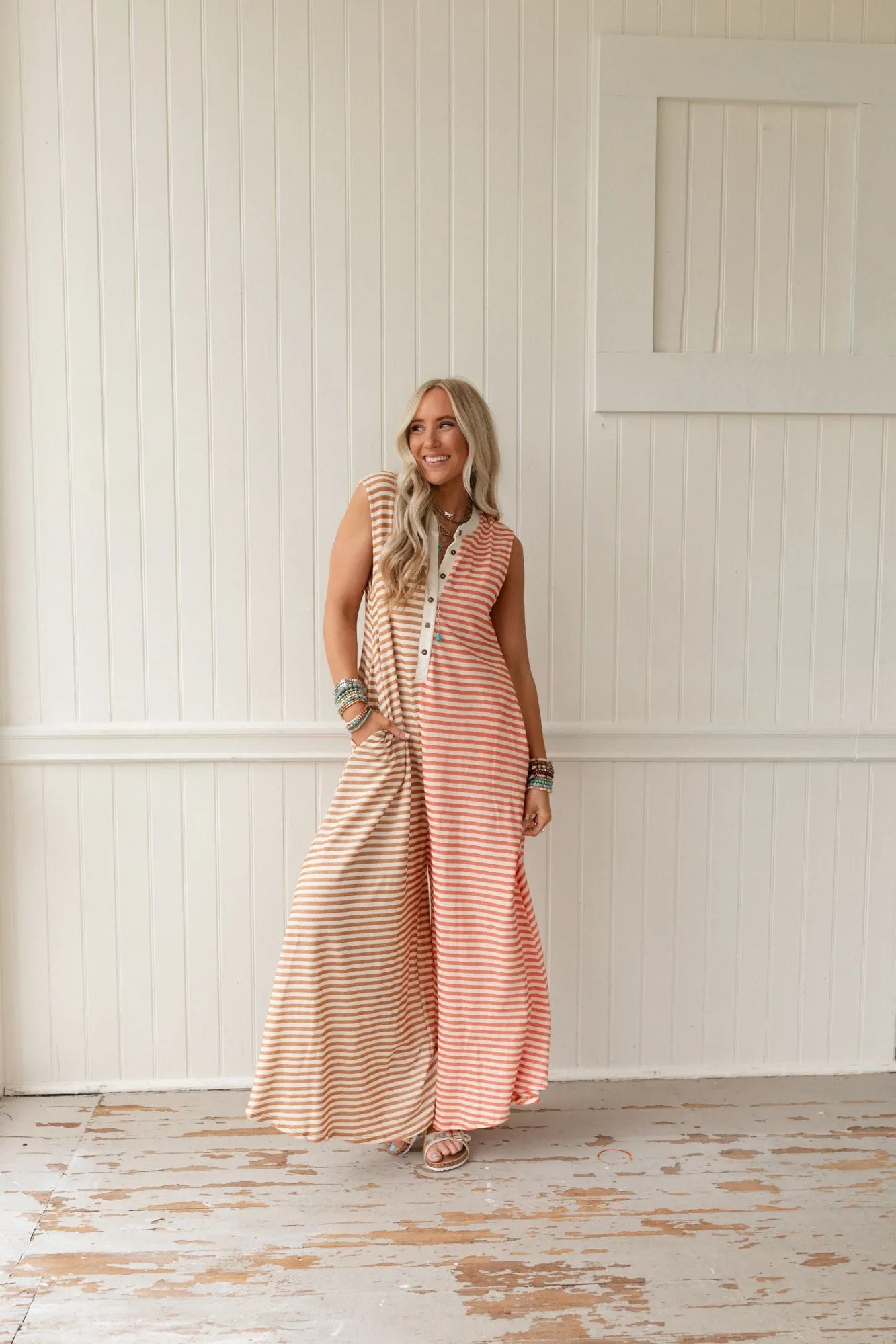 Daphne Striped Wide Leg Jumpsuit - Coral Multi