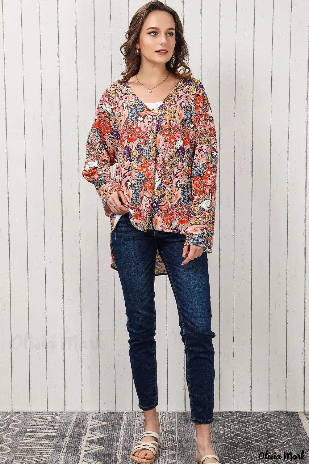 Deanwangkt - Bohemian Floral Long Sleeve V-Neck Blouse