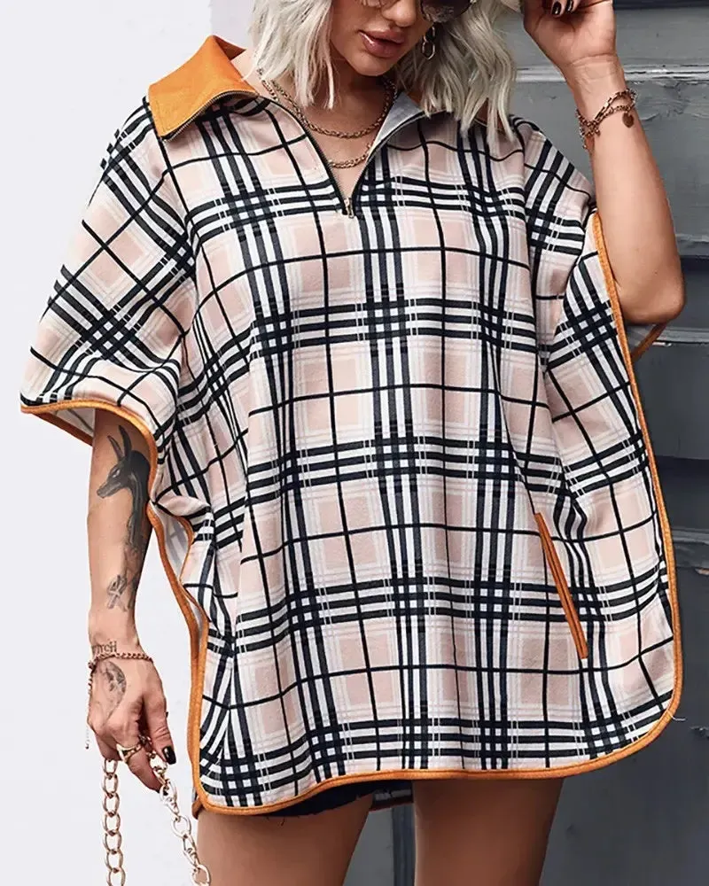 Deanwangkt - Cape pattern top with zip front and plaid print