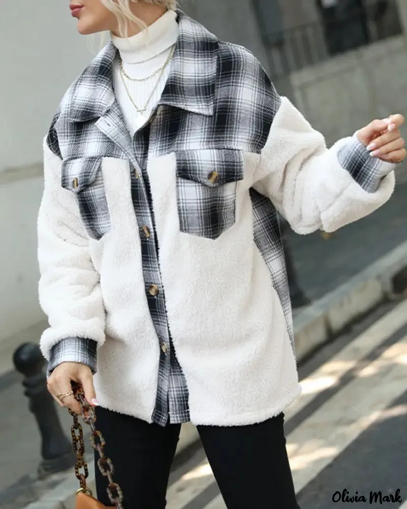 Deanwangkt - Fuzzy Color Block Plaid Button-Down Track Jacket