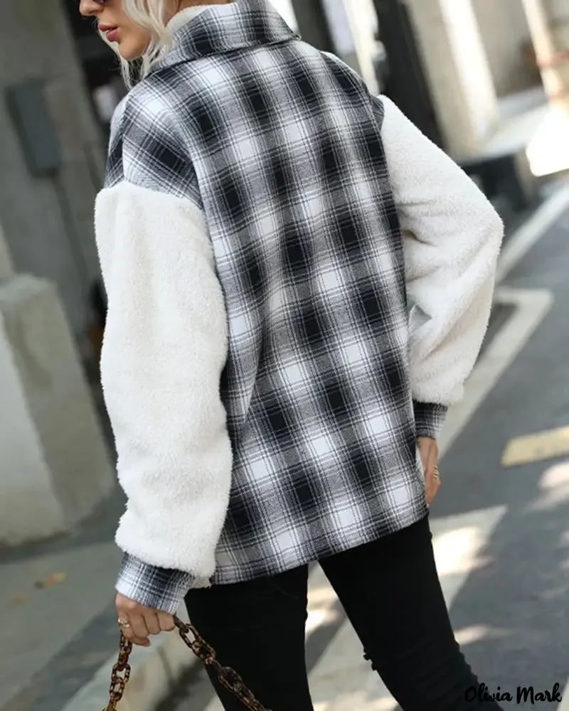 Deanwangkt - Fuzzy Color Block Plaid Button-Down Track Jacket