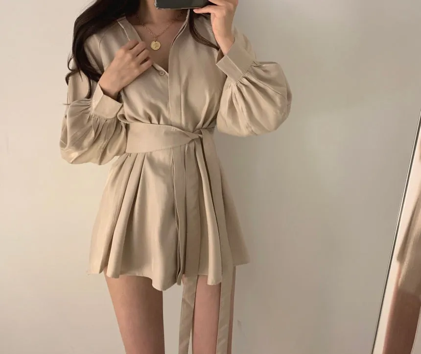 deanwangkt Women White Long Shirts Shorts Two Piece Sets Lantern Sleeve Belt Blouse   Mini Pant Suits  Summer Fashion OL Clothing Set