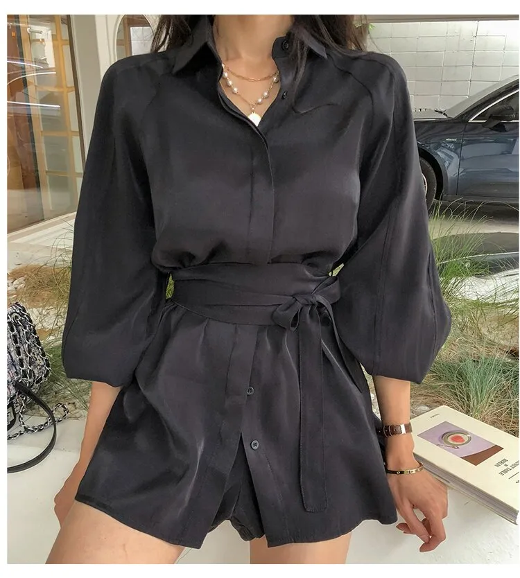 deanwangkt Women White Long Shirts Shorts Two Piece Sets Lantern Sleeve Belt Blouse   Mini Pant Suits  Summer Fashion OL Clothing Set