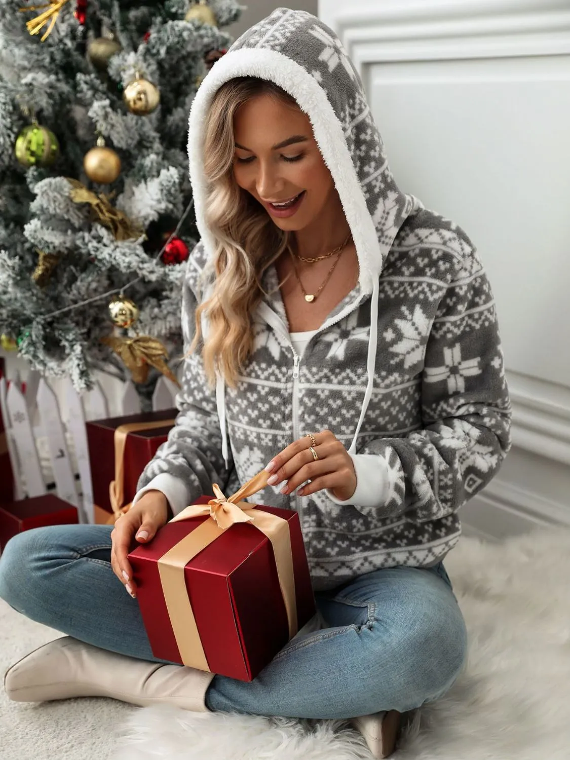 Drawstring Snowflake Zip Up Hooded Jacket