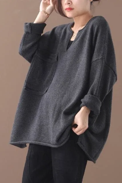 DressBetty - Female New Autumn and Winter Korean Style Plus Size Literary Small V-neck Single-pocket Primer Casual Sweater Outerwear