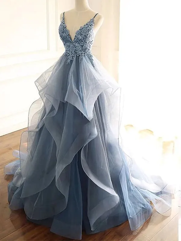 Elegant Grey Blue Tulle A-line Spaghetti Straps V-neck Long Prom Dresses Evening Dress, OL829