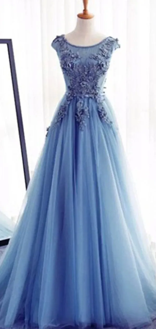 Elegant Long A-line Blue Appliques Cap Sleeve Lace Up Back For Teens Formal Prom Dresses. DB0061