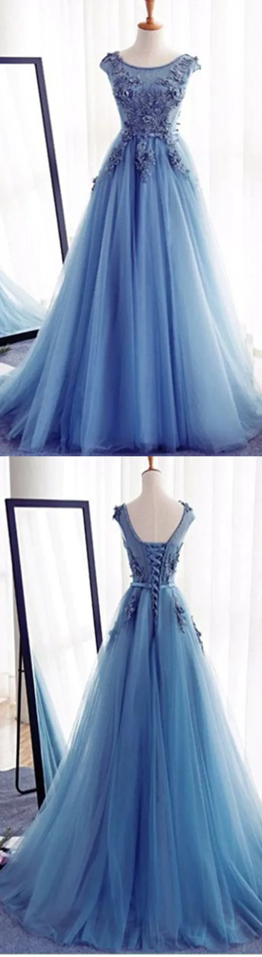 Elegant Long A-line Blue Appliques Cap Sleeve Lace Up Back For Teens Formal Prom Dresses. DB0061