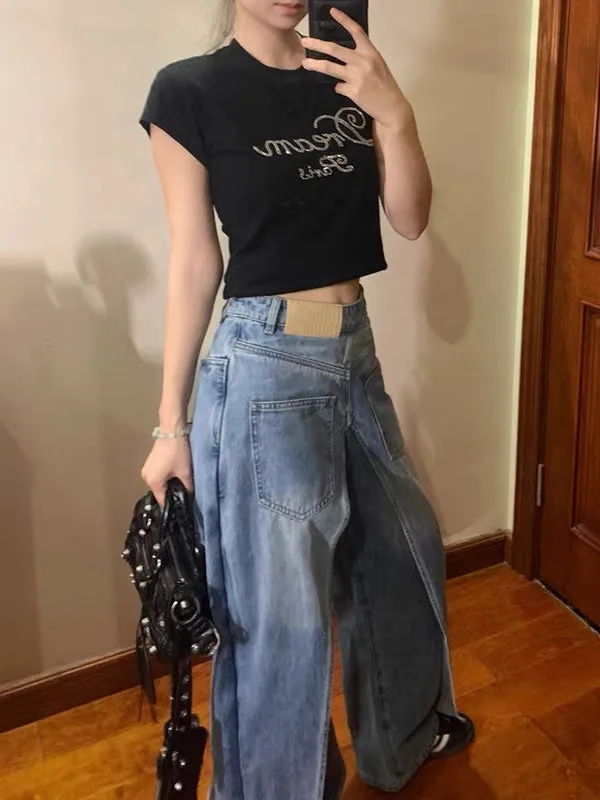 False Two Wide Leg Pockets Reversible Jean Pants Bottoms