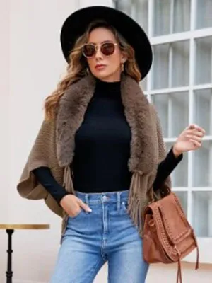 Fur Collar Knitted Tassel  Women Cardigan Sweater