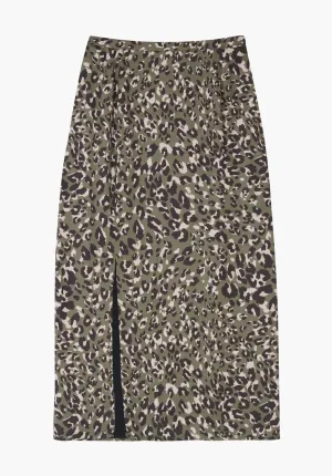 Grace Side Slit Khaki Cat Print Midi Skirt In Green