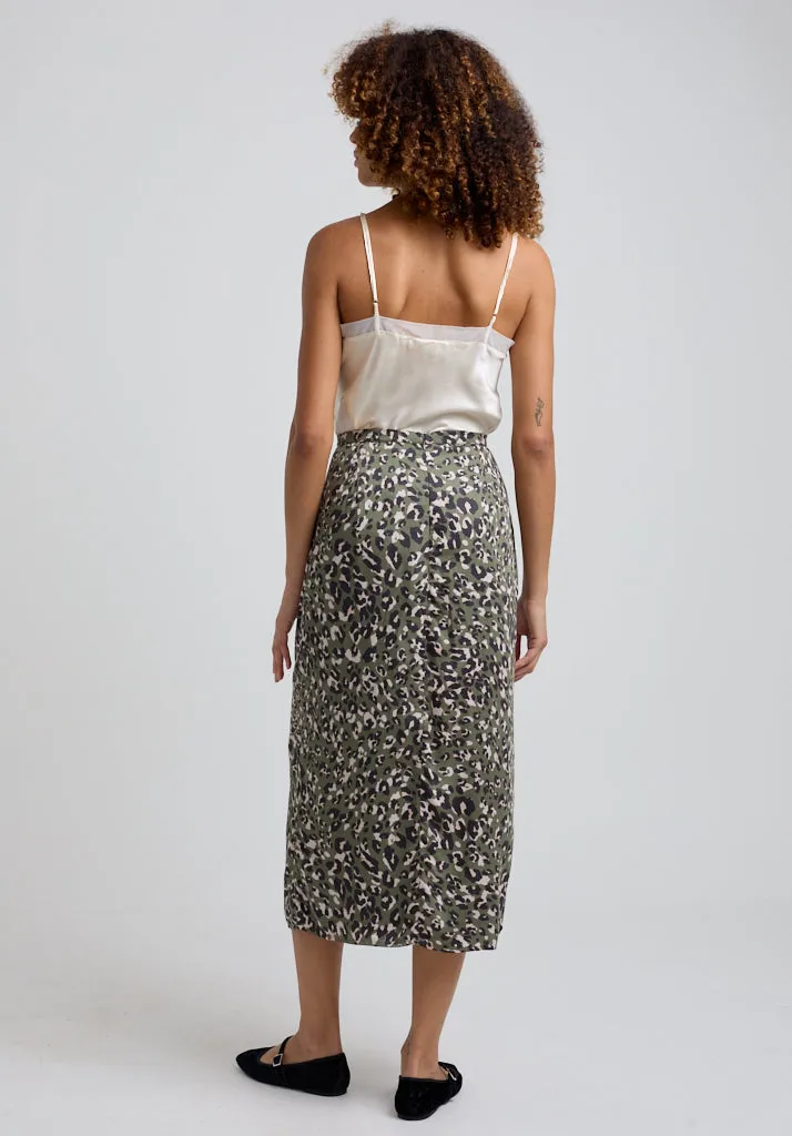 Grace Side Slit Khaki Cat Print Midi Skirt In Green