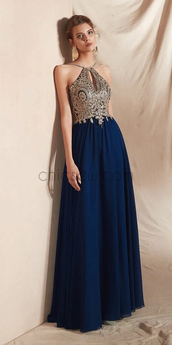 Halter A-line Top Lace with Bead Modest Unique Long Prom Dresses Oline, Evening Dresses LMX1146