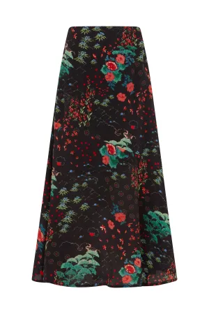 Ivy Bias Cut Wonderland Print Midi Skirt In Black