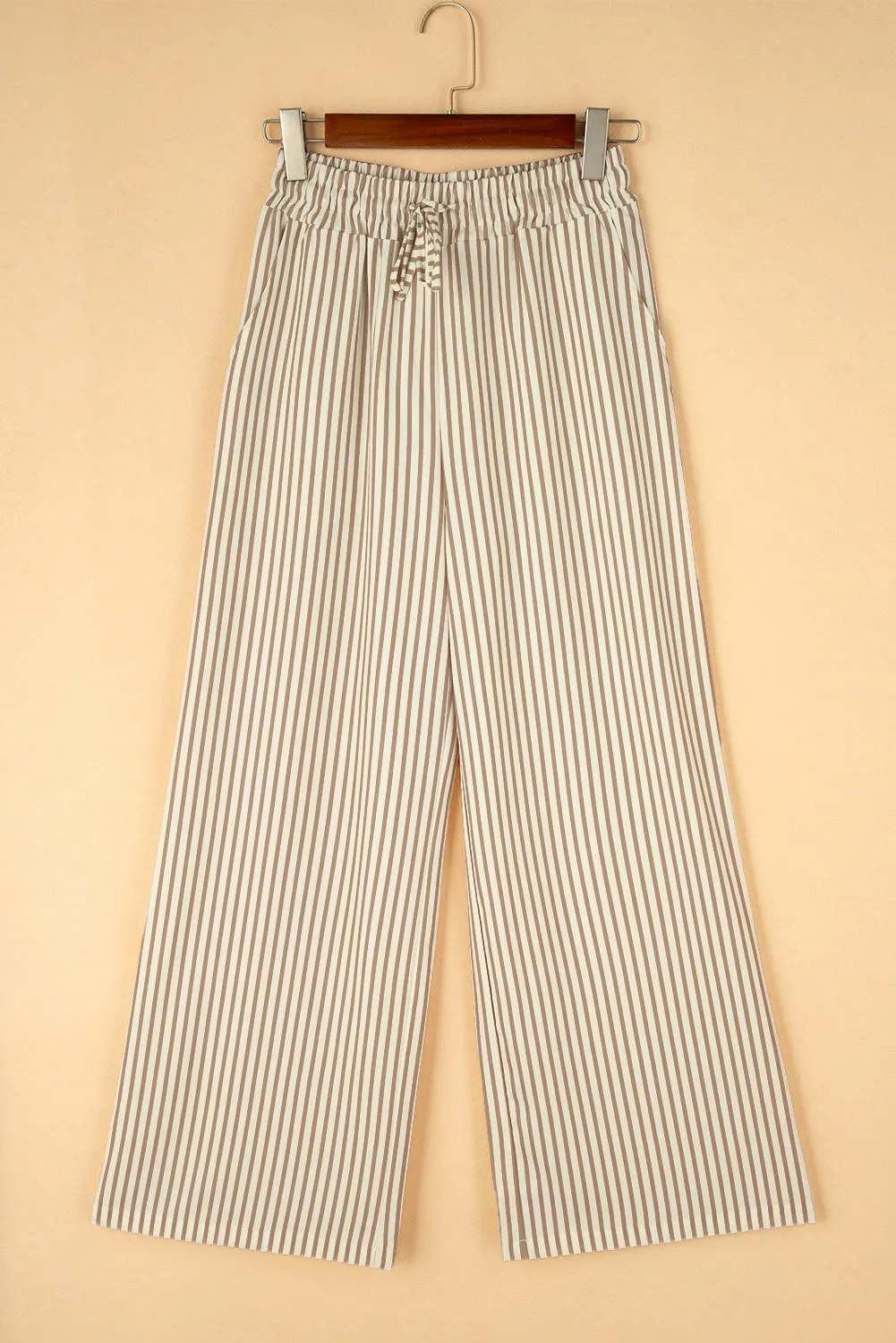 Khaki Stripe Print Wide Leg Drawstring Pants