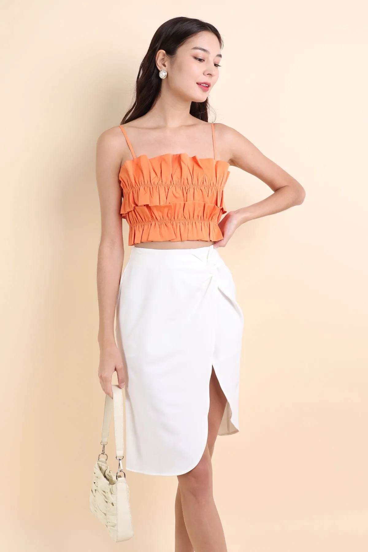 KINSLEY ASYMMETRICAL MIDI SKIRT IN WHITE